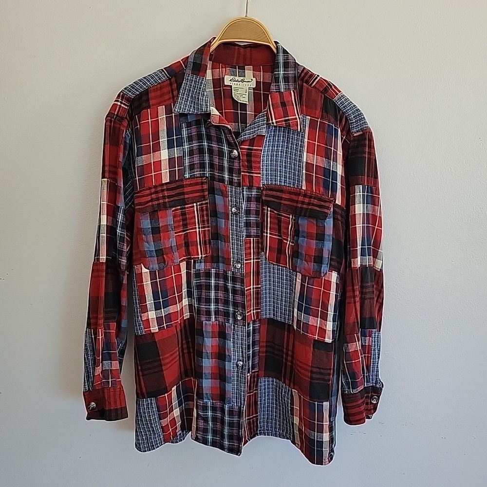 Vintage Eddie Bauer Patchwork Flannel Shirt Womens Small Oversize‎ Button Up 90s